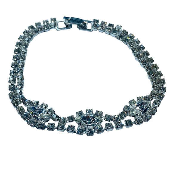 Vintage Rhinestone Chain Bracelet Womens Clear Faceted Sparkles Silver Tone - Picture 1 of 16